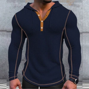 Men Long Sleeve Hooded Tee Waffle Sport Gym Fitness Muscle Slim Fit Tops S - Bild 1 von 12