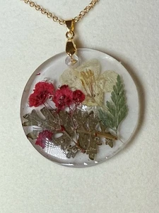 Klare Harzscheibe Trockenblumen Anhänger Gold Halskette - Bild 1 von 9