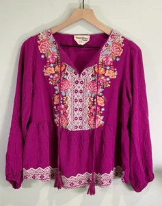 Savanna Jane M Peplum Embroidered Flower Tassel Magenta Long Sleeve Blouse Boho - Picture 1 of 11