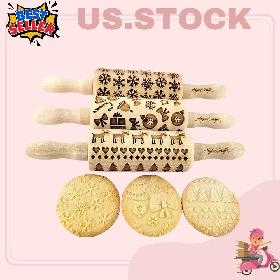 3 juegos de mini rodillos de madera grabados con láser con patrones Foto 1 de 4