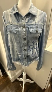 Distressed Jean Jacket BOHO Rough Edge Hidden Brand Trucker Grateful Dead Large - Picture 1 of 6