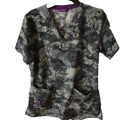 Blusa Médica Carhartt Para Mujer S Estampado Gris y Púrpura 6 Bolsillos Elastizada Cuello en V Foto 1 de 4