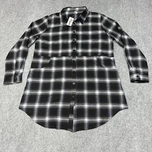 HOTOUCH Women Large Flannel Plaid Shirt Roll Up Long Sleeve Pockets Mid-Long - Picture 1 of 10