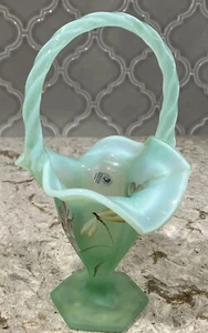Vintage Fenton Glass Basket Satin Opalescent Green Floral Hand Painted Signed - Picture 1 of 8