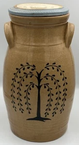 Vintage Farmhouse Stoneware Pot w/ Lid Weeping Willow Tree Black on Tan 13.5” - Picture 1 of 11