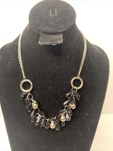 Vintage Black Tear Drop Bead Necklace With Double Silver Link Chain - Picture 1 of 12
