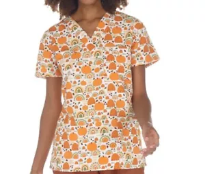 NWT Women's XL I Love Scrubs Thankful Fall Print Scrub Top - Picture 1 of 1