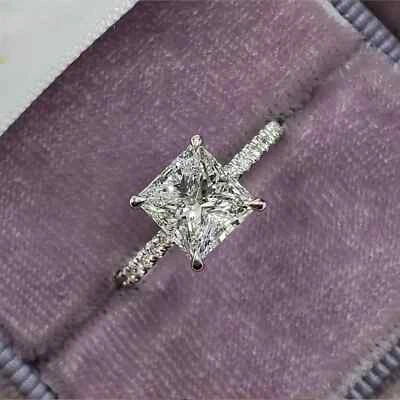 925 Anello Argento Sterling, Taglio Princess Moissanite Fidanzamento Solitario - Immagine 1 di 4