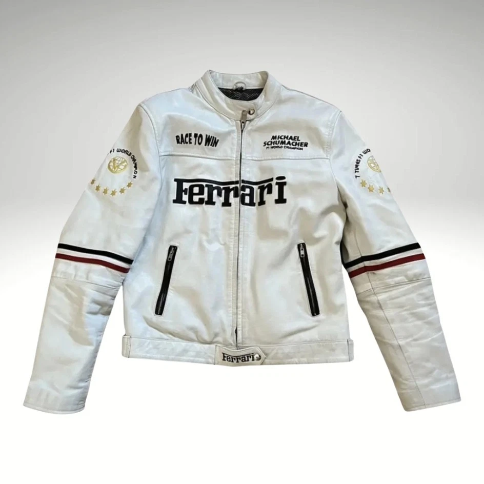男式法拉利赛车皮革夹克迈克尔舒马赫版,白色赛车运动 — 第 1/4 张图片