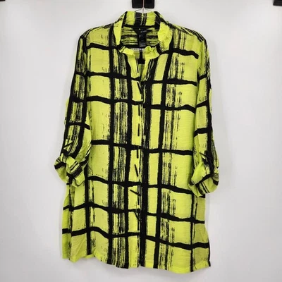 Camisa Ali Miles Manga 3/4 Botón Frontal Mujer Talla Grande Túnica Verde Negro Arte Foto 1 de 4