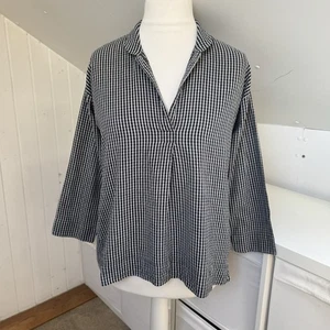 Toast Top Size 8 Navy & Grey Check Gingham Cotton Boxy Top Blouse Relaxed Fit - Picture 1 of 9