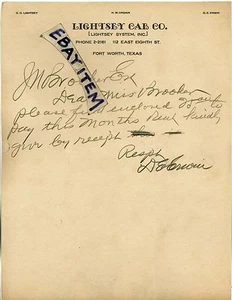 1927 LETTERHEAD Fort Worth Texas CHARLES LIGHTSEY CAB COMPANY HW Orgain DE Erwin - Imagen 1 de 1