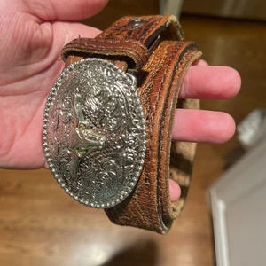 3D Leather Western Belt Kids Boy 24 SilverGold Bull Head Buckle Longhorn - Picture 1 of 6