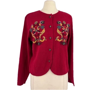 Vintage 90er Strickjacke rot bestickt Blumen Preppy Lehrer Cottagecore groß - Bild 1 von 8
