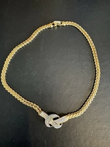 Vintage 1980s Gold Plated Rhinestone Ribbon Knot Choker Necklace - Picture 1 of 6