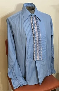 Vtg Lion Of Troy Blue Tuxedo Ruffle Shirt L - Picture 1 of 9