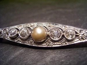 DISEÑO MADURO - BROCHE DE PERLAS Y DIAMANTES - ANTIGUO - HECHO A MANO - 750 ORO BLANCO - Imagen 1 de 8