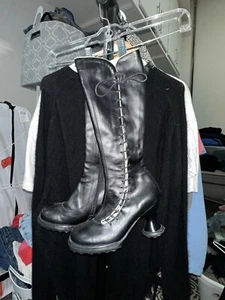 RARE Vintage John Fluevog Black Mini Sugar Leather Lace UpKnee High Boots Size6 - Picture 1 of 8