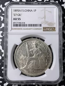 1895-A French Indo-China 1 Piastre NGC AU55 Lot#G9478 Silver! "27 GR" KM#5a.1 - Picture 1 of 3