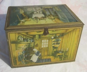 Vintage CANCO BISCUIT TIN - Dutch, French & Spanish KITCHENS - 11" x 8.5" x 7.5" - Picture 1 of 10