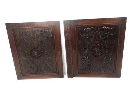 Pair Antique French hand Carved Oak  Door Panels Reclaimed Architectural Breton Cover