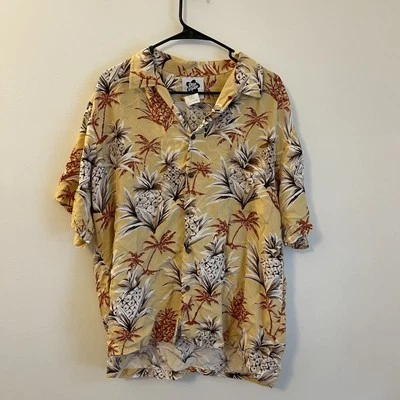 Camisa Hawaiana Hilo Hattie Para Hombres XL Amarilla Floral Piña De Colección Palma Lei Foto 1 de 4
