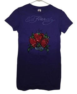 Vtg Ed Hardy Christian Audigier Kids Tee Size Large Purple Love Y2K 3 Hearts NWT - Picture 1 of 8