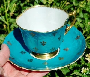 Vtg AYNSLEY Fine China Tea Cup & Saucer Turquoise Blue W/ Gold Fleur De Lis READ - Picture 1 of 23