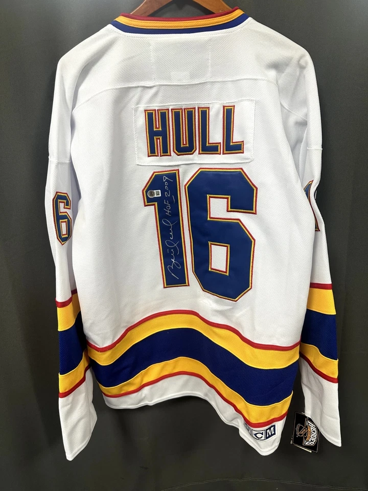 Camiseta deportiva firmada por Brett Hull HOF de la Liga Nacional de Hockey de los Blues AUTO BAS Beckett talla 50 Foto 1 de 1