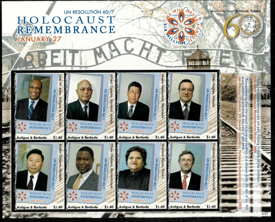 Antigua 2007 - Holocaust Remembrance - Sheet of 8 Stamps - Scott #2994 - MNH - Image 1 of 1