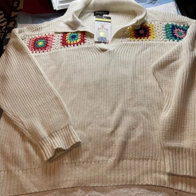 Suéter Joseph A. Crochet Abuelita Cuadrados Talla XXL Blanco Cuello Tejido Boho Hippy Foto 1 de 4