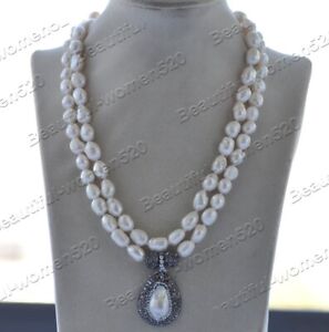 Z12298 2Row 20" 30mm White Baroque Pearl Necklace CZ Pearl Pendant