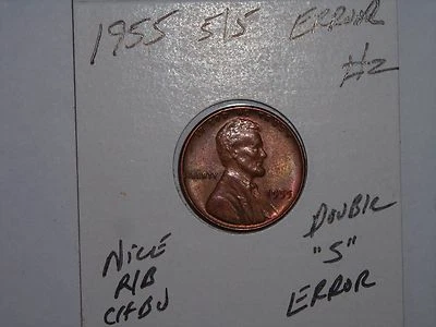 wheat penny 1955 DOUBLE ''5'' ERROR R/B BU #2 UNC LINCOLN CENT DOUBLE 5/5 ERROR - Image 1 of 4