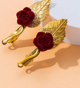 Red rose gold leaf hair clips