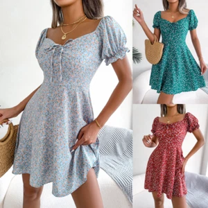 Women's Dress Flare Sleeves Drawstring Lace Fragmented Flower Large Swing Dress - Picture 1 of 16