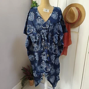 Cotton Indigo Blue Print Kaftan Tops Hand Made Indian Hippy One Size 23/2 - Picture 1 of 8