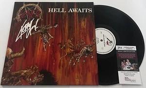 SLAYER BAND KERRY KING SIGNED HELL AWAITS LP VINYL RECORD ALBUM JSA COA - Picture 1 of 4