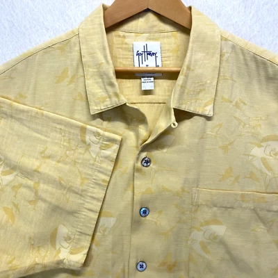 Guy Harvey Shirt Mens 2XL Yellow Camp Loop Collar Bluewater Embossed Beachwear - Image 1 of 4
