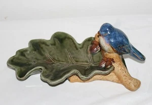 Vintage Leaf Ceramic Appetizer Dish Tray bluebird on branch Nice - Picture 1 of 4