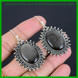 Sterling Silver Oval Silver Sheen Obsidian Stone Drop Dangle Earrings Jewelry - Picture 1 of 6