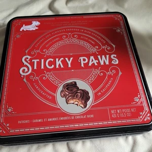 Williams Sonoma 9" Candy Tin Red White Brown Sticky Paws w/ Xmas Dog Empty Tin - Picture 1 of 5