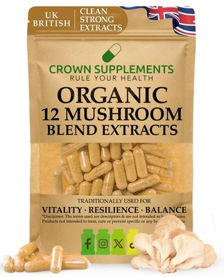 Organic 12 Mushroom Blend Capsules | Fruiting Body Extract | Crown Supplements