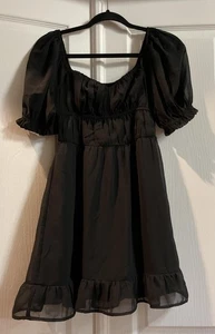 Hollister Dress Womens XS Black Puff Sleeve Smocked Babydoll Mini Ruffle Hem - Picture 1 of 22