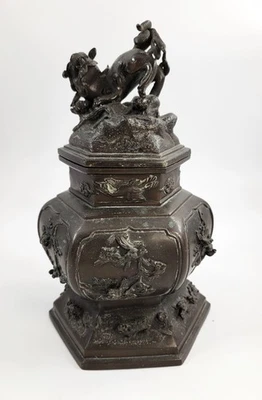 Large 19thC Chinese Bronze Censer, Hexagonal, Fu Lion Finial, Qing Dynasty - Image 1 of 4