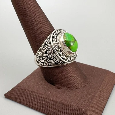 Men's 925 Sterling Silver Mohave Green Turquoise Rhodium Plated Ring Size 9 - Image 1 of 4