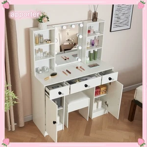 Juego de mesa tocador de dormitorio 10 LED espejo maquillaje tocador escritorio con almacenamiento para niña - Imagen 1 de 9