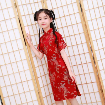 Chinese Traditional Children's Summer One-Piece Dress Children Silk Satin Cheong - Image 1 of 4