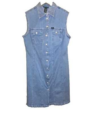 Lauren Jeans Co Ralph Lauren Dress Women 14 Blue Denim Snap Front Sleeveless Vtg - Image 1 of 4