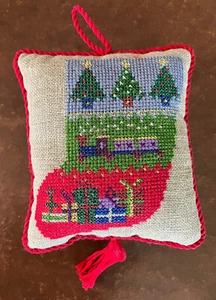 Miniature Stocking Christmas Cross Stitch Embroidered Ornament Tassel Hand Made - Picture 1 of 4
