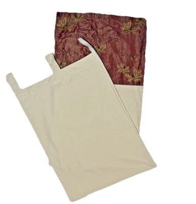 Set of 3 Luxury Curtains Drapes Tab Top Panels 92" Long Beige Red Border Hem - Image 1 of 4